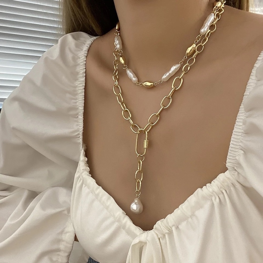 Zara Gold Keshi Vegan White Pearl + Link 2-Chain Necklace NEW